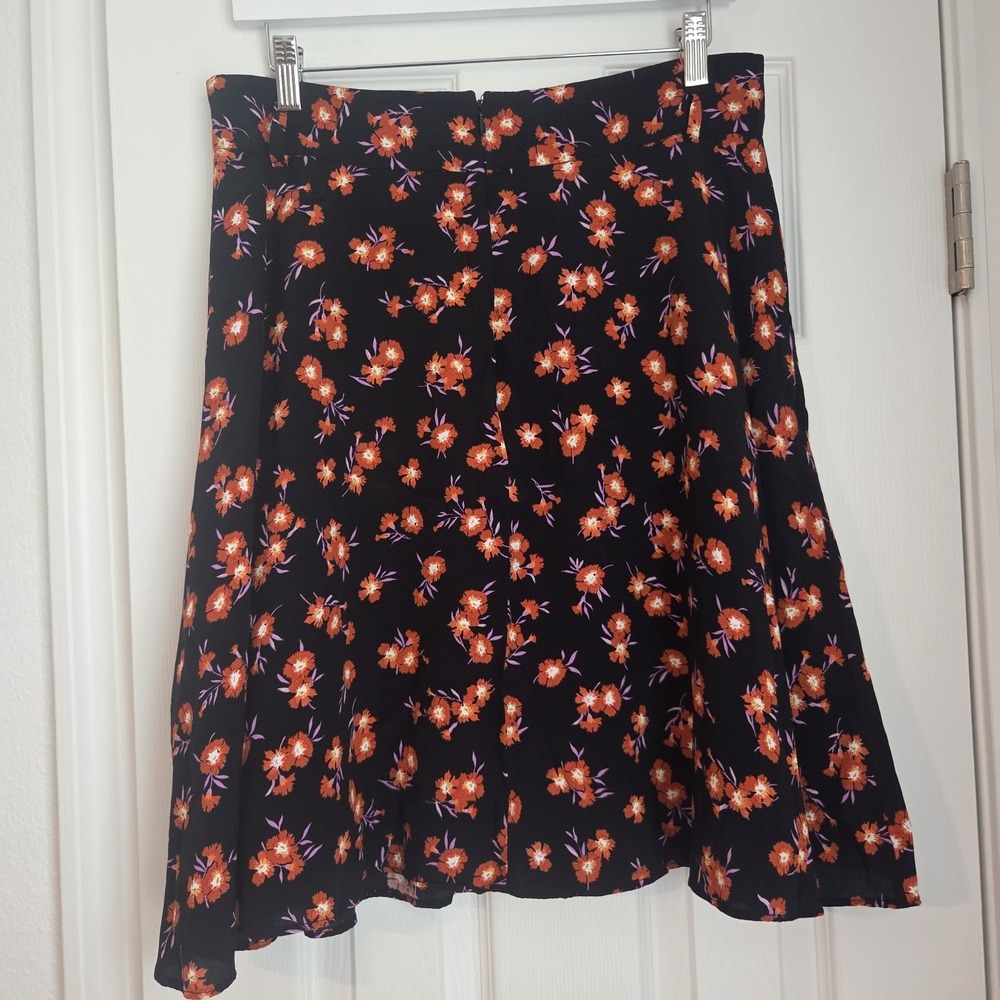Ann Taylor Skirt Black Orange Floral A-Line Lined Midi Pockets Preppy Size 10